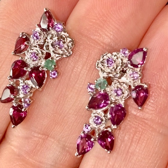Genuine Rhodolite Emerald Amethyst Earrings - Picture 7 of 9
